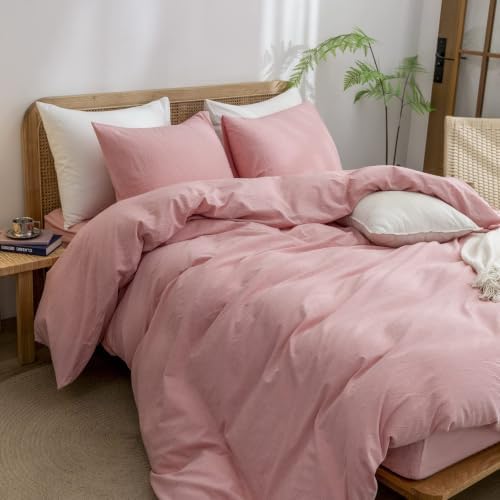 BESTOUCH Cotton Solid Duvet Cover Set Linen Feel Red Pink Alaska King
