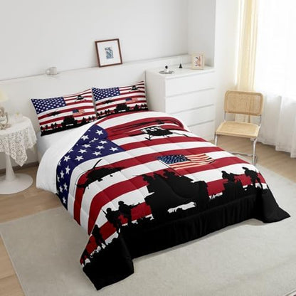 Feelyou American Flag Comforter Set for Girls Kids Boys Men Soldier Rifle Helicopter Tank Bedding Set Red Blue Stars Stripes USA Flag Comforter Room Decor Army Guns Military Down Comforter Queen Size