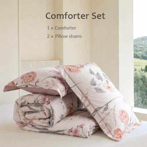 King Comforter Set 3 Pieces, 100% Cotton Vintage Cream Floral Bedding Set for All‑Season, Soft Breathable Comforter with 2 Pillow Shams