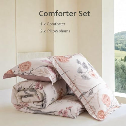 King Comforter Set 3 Pieces, 100% Cotton Vintage Cream Floral Bedding Set for All‑Season, Soft Breathable Comforter with 2 Pillow Shams