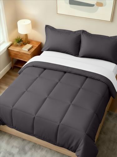 Full Comforter Set - Dark Grey Bedding for All Seasons - 3 Piece Bed Set