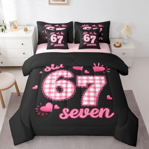 Erosebridal Pink Plaid 67 Girls King Bedding Set 7 Piece Cute Kawaii Princess Bed in A Bag with Sheets Romantic Coquette Comforter Set for Kids Teen Women,Girly Fashion Number Print Bed Set