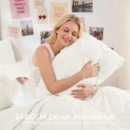 Sasttie Twin XL Comforter Set, 5-Piece Bed in a Bag, Pintuck Bedding Sets for All Season, Includes Comforter, Flat Sheet, Fitted Sheet, Pillowcase and Pillowsham, Ivory