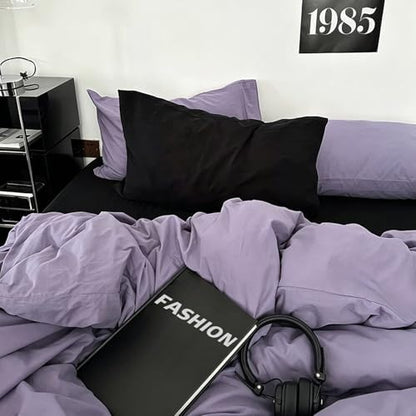 mixinni Solid Purple Duvet Cover Set Queen Size - 100% Washed Cotton 3-Piece Minimalist Bedding Set, Ultra Soft Breathable Solid Color Purple Comforter Cover with Zipper & Corner Ties, Full Size