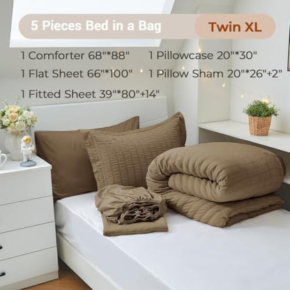 MUXHOMO 5 Pieces Twin XL Comforter Set, Seersucker Bed in a Bag Twin XL Size, All Season Luxury Bedding Set with Comforter, Flat Sheet, Fitted Sheet, Pillowcase & Sham, Brown