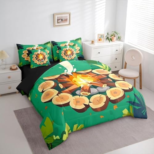 Erosebridal Campfire 7 Piece Bed in A Bag Twin Tree Stump Comforter Set Happy Camping Bedding Sets for Kids Boys Girls Woodland Campsite Forest Stones Trees Sheet Set with Comforter