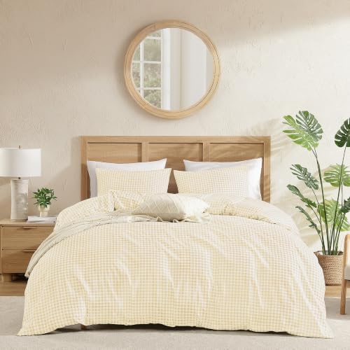 Andency Gingham Duvet Cover King Size, Yellow Checkered Plaid Bedding Set, 3 Pieces Soft Prewashed Microfiber Comforter Cover with Zipper Closure & Corner Ties