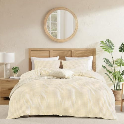 Andency Gingham Duvet Cover King Size, Yellow Checkered Plaid Bedding Set, 3 Pieces Soft Prewashed Microfiber Comforter Cover with Zipper Closure & Corner Ties
