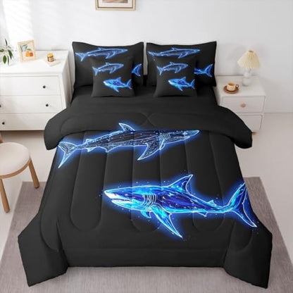 Feelyou Blue Neon Shark Comforter Set with Sheets 7 Piece Full Ocean Design Bed in a Bag Kids Boys Girls Line Art Shark Bedding Set Deep Sea Creature Print Bedroom Decor Marine Soft Lightweight
