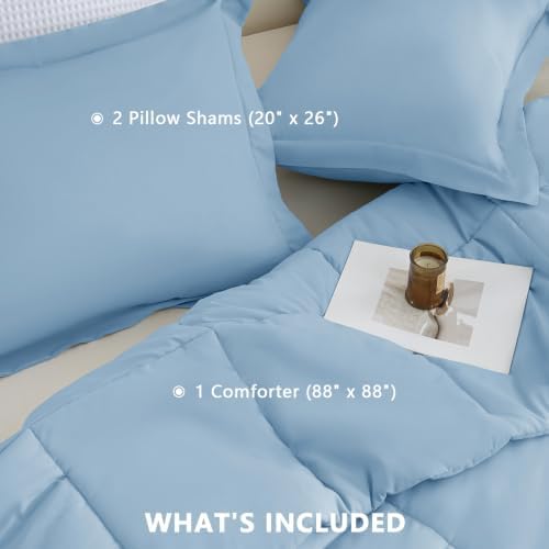 CozyLux Queen Size Comforter Set, 3-Piece Box-Stitched, Baby Blue