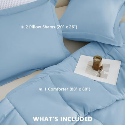 CozyLux Queen Size Comforter Set, 3-Piece Box-Stitched, Baby Blue