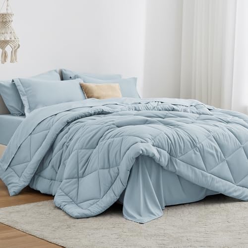 Love's cabin Twin Comforter Set Light Blue, 5 Pieces Twin Bed in a Bag, All Season Bedding Sets with 1 Comforter, 1 Flat Sheet, 1 Fitted Sheet, 1 Pillowcase and 1 Pillow Sham