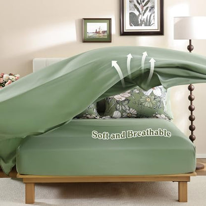 Luxudecor King Comforter Set 7 Pieces Bedding Sets,Olive Green Floral Comforter and Sheet Set,Soft Microfiber Bed in a Bag for All Seasons (Olive Green,104"x90")