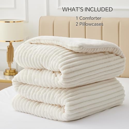 BEDELITE Fleece Queen Comforter Set -Super Soft & Warm Fluffy Cream White Bedding, Luxury Fuzzy Heavy Bed Set for All Season with 2 Pillow Cases (Pack of 3)