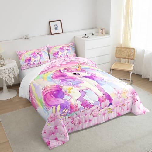Cartoon Unicorn Kids Comforter Set Full Size,Sakura Cherry Blossom Japanese Bedding Set,Girls Women Room Decor,Rainbow Unicorn Cute Down Comforter,Pink Purple Romantic Duvet Insert,2 Pillowcases