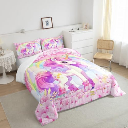 Cartoon Unicorn Kids Comforter Set Full Size,Sakura Cherry Blossom Japanese Bedding Set,Girls Women Room Decor,Rainbow Unicorn Cute Down Comforter,Pink Purple Romantic Duvet Insert,2 Pillowcases
