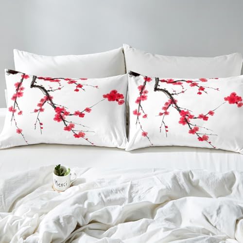 Feelyou Kids Cherry Blossoms Duvet Cover Twin Size Japanese Style Bedding Set Boys Girls Sakura Flower Comforter Cover Set Floral Botanical Branches Spring Bedspread Cover（No Comforter