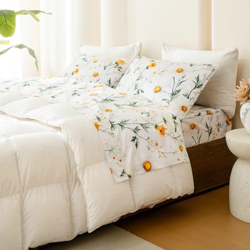 QSH 4PCs Green Floral Sheets Queen Size,100% Egyptian Cotton Sheets Queen Size Yellow Platycodon Flowers Botanical Pattern Printed Bed Sheet Extra Soft and Breathable 17.5" Deep Pockets Bedding Sheet