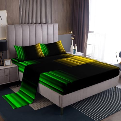 Feelyou Teens Abstract Ombre Decorations Bedding Set for Kids Women Green Yellow and Black Bed Sheets Set Geometric Modern Fitted Sheet Sets Room 4Pcs Full Size