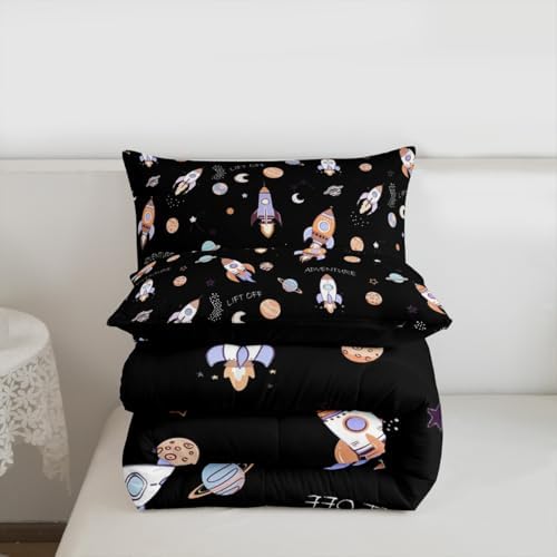 Erosebridal Kids Cartoon Rocket Comforter King Size for Kids Teens Adults,Planets Galaxy Bedding Set,Hand-Drawn Spaceship Duvet Insert,Starry Outer Space Quilt Bedroom Decor