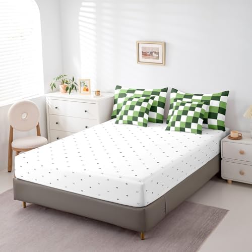 jejeloiu Green White Bedding Set 7Pcs Full Size Kids Checkered Grid Comforter Set with Sheets for Boys Girls Classic Plaid Buffalo Check Bed in a Bag Soft Lightweight,Microfiber
