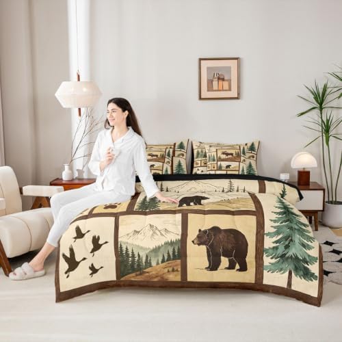 Erosebridal Western Rustic Bear Deer 7-Piece Comforter Set King Boys Men Hunting Duck Bed in a Bag with Flat and Fitted Sheet Country Farmhouse Cabin Bed Set Elk Forest Wildlife Patchwork Quilt Sets