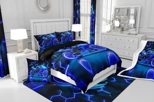 Feelyou Kids Boys Dirt Bike Comforter Set,Extreme Sports Bedding Set Twin Size,Boys Bedroom Room Decor,Racing Motocross Comforter,Blue Geometric Hexagon Racing Motocross Bed Set for All Season