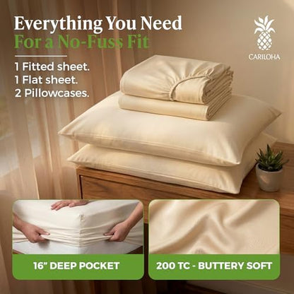 Cariloha Aloha Soft 4-Piece Sheet Set | Natural | Full | Made from 100% Viscose derived from Bamboo | Introductory Sheet Line