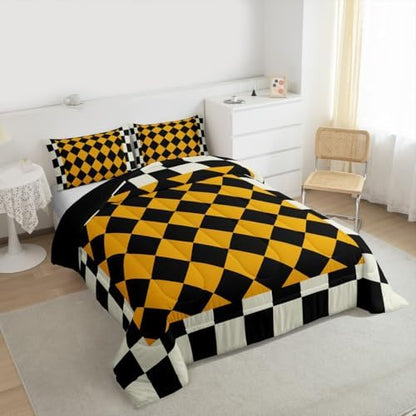 Checkered Geometric Comforter Set Queen Size Beige Yellow Plaid Bedding Set for Kids Boys Girls Checkerboard Modern Aesthetic Duvet Quilt Cute Retro Neutral Bedroom Decor 3 Pcs with 2 Pillow Cases