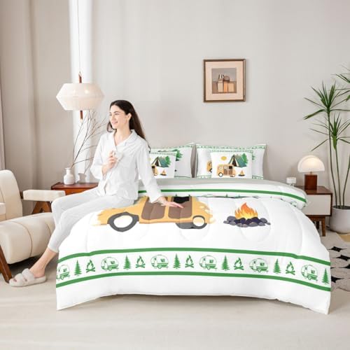 Erosebridal Rv Happy Camping King Comforter Set with Sheets Camper Decor 7-Piece Bedding Set for Kids Boys Teens Bedroom Rustic Farmhouse Bed in A Bag Pine Tree Bonfire Bed Sets, Green White
