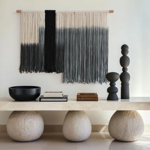 Macrame Wall Hanging Grey Dip Dye Boho Fiber Art for Bedroom 27"W x 19"L