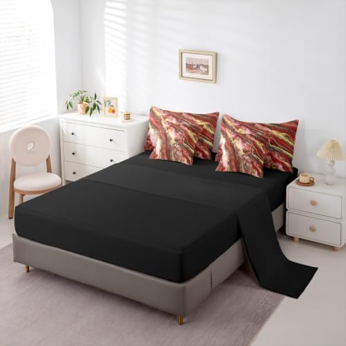 Erosebridal Red Golden Tie Dye Comforter Set Twin Size,Marble Texture Bedding Set for Kids Teens,Ink Fluid Art (Comforter+Fitted+Flat Sheet+2 Pillowcases+2 Throw Pillow Covers) 7 Pieces Bed Set