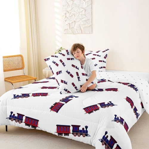 Feelyou Cute Retro Train Comforter Set King Size Vintage Steam Locomotive Down Bedding Set for Kids Boys Girls Transportation Vehicles Duvet Quilt Bedroom Decor Microfiber 3 Pcs with 2 Pillow Cases