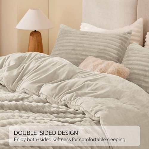 BEDELITE Fleece Oversized Queen Comforter Set, Fluffy Bed Set, Linen