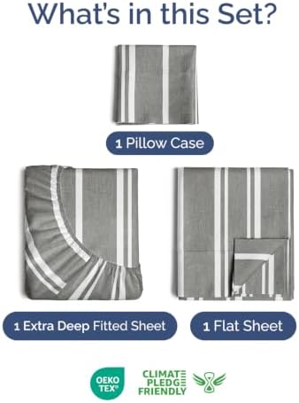Extra Deep Pocket Twin XL Sheet Set - Breathable & Cooling - Grey Stripes