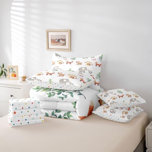 Erosebridal Wild Animal Queen Comforter Set 7 Piece Cute Elephant Deer Monkey Wildlife Comforter Set Woodland Animals Bedding Sets for Kids Girls Kawaii Zoo Animals Sheet Set with Comforter