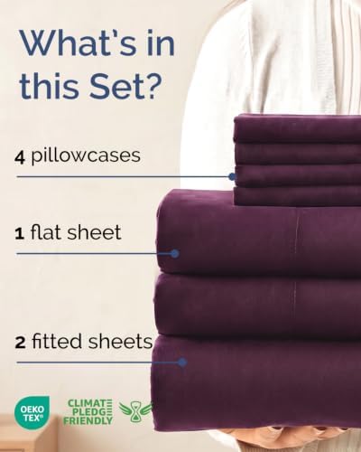 Split King 7 Piece Bed Sheet Set - Soft, Breathable & Cooling - Deep Purple
