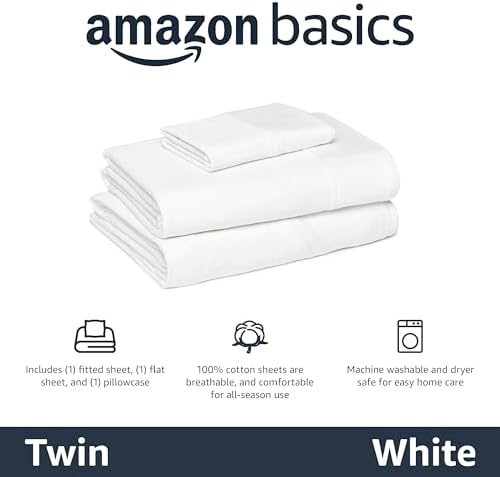 Amazon Basics 100% Cotton Jersey Bed Sheet Set, Breathable, All-Season, Machine Washable, Twin, White