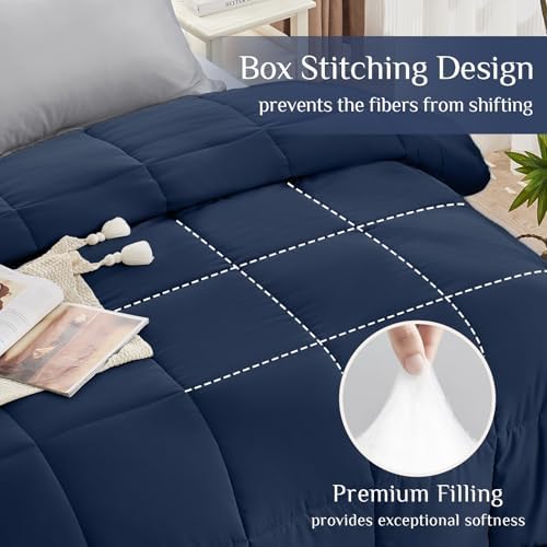 JOLLYVOGUE Queen Comforter Set, Ultra-Soft Bed in a Bag Queen Size 7 Pieces, Oeko-TEX Certified Bedding Set with Down Alternative Comforter, Sheets, Pillowcases & Shams, Navy Blue & Light Grey
