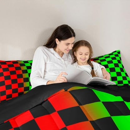 Feelyou Checkered Retro Comforter Set All Season Geometric Vintage Bedding Set with 1 Pillow Cases Red Green Kids Toddler Bedclothes Modern Groovy Aesthetic Bedroom Decor Duvet Quilt