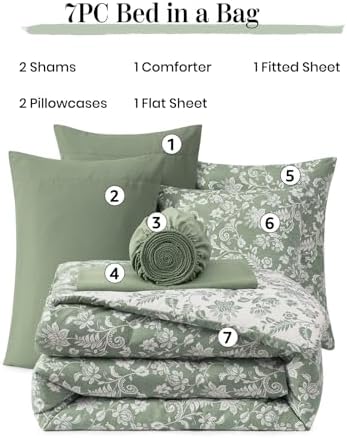 BLOOMHAVEN Queen Comforter Set-7 Pieces Green Floral Bed in a Bag Queen