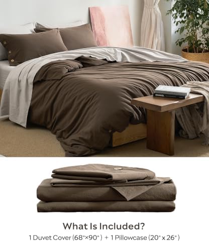 JELLYMONI 100% Washed Cotton Fall Brown Duvet Cover Twin, Linen-Like