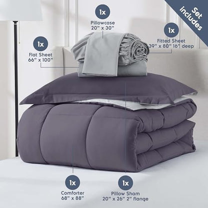 Nestl 7 Piece Twin XL Comforter Set – Grayish Purple Reversible Bed in a Bag – Complete Twin XL Size Bedding Set with Sheets, Set of 2 Down Alternative Pillows, Pillowcase and Sham