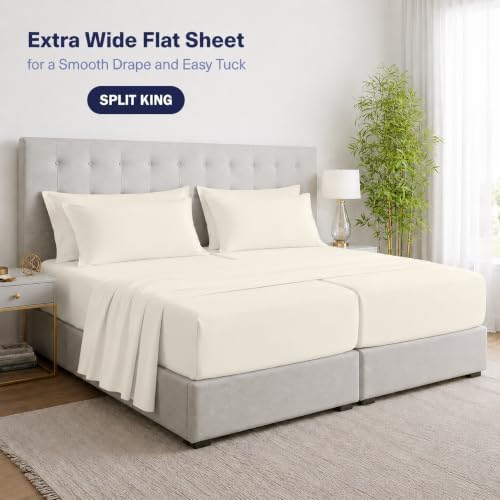 Kickoff Viscose Bamboo Sheets Split King Size 5-pc 100% Organic Bamboo Viscose Bed Cooling Sheets Split King Size Set Cool Bedding for hot Sleepers Sheet Set - Gift Ready Packaging (Buttercream, SK)