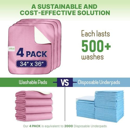 Bed Pads Washable Waterproof 34"x36"- Pack of 4 Pink Incontinence Bed Pads