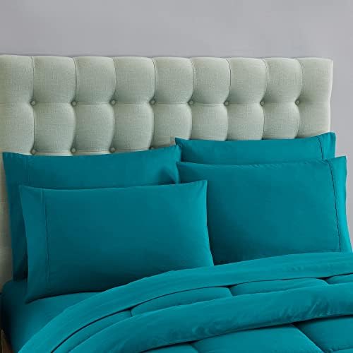 Sweet Home Collection 7 Piece Comforter Set Bag Solid Color All Season Soft Down Alternative Blanket & Luxurious Microfiber Bed Sheets, Teal, Queen