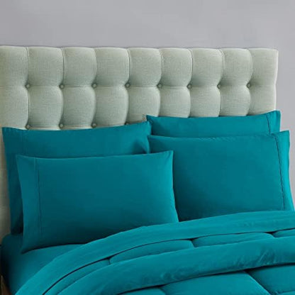 Sweet Home Collection 7 Piece Comforter Set Bag Solid Color All Season Soft Down Alternative Blanket & Luxurious Microfiber Bed Sheets, Teal, Queen