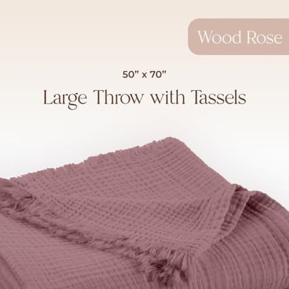 100% Cotton Organic Muslin Throw Blanket for Adults GOTS & Fairtrade Certified Organic Cotton - Couch Living Room and Bedroom Decor - 4 Layer Super Soft and Cozy (Wood Rose, Large Throw)