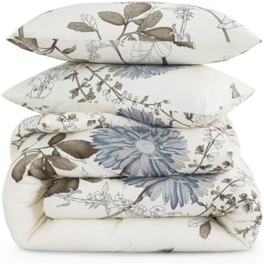 Wake In Cloud - Floral Comforter Set, 100% Cotton Fabric, Vintage Flower Shabby Chic Farmhouse Botanical Cottagecore Sunflower, 3 Pieces Bedding Set, Gray Beige, Twin/Twin XL Size