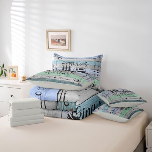 Full Camper Comforter Set 7 Pieces, Happy Camping Bed In A Bag Rv Decorations For Inside, Vintage Rustic Farmhouse Bedding Set Sun Moon Starry Sky Comforter, Flat Sheet, Fitted Sheet, Pillowcases